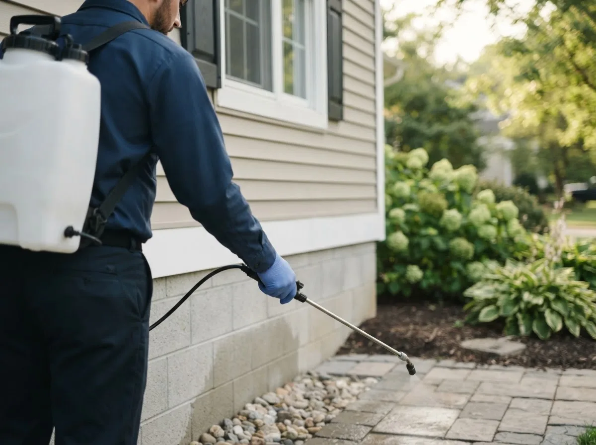 Pest control technician inspecting a home in Spirit Lake, IA